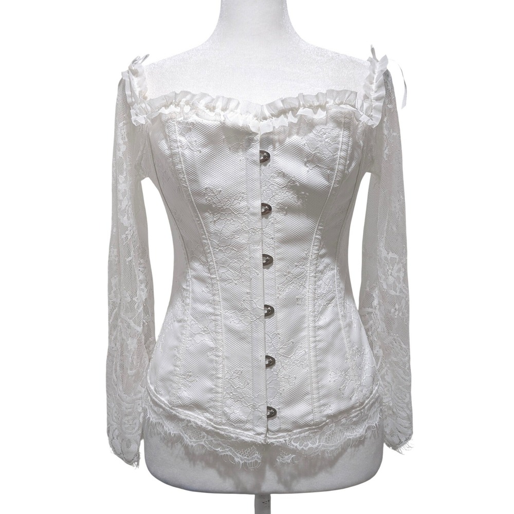 White Lace Sleeve Off Shoulder Corset Top Bustier Lace Up Back M Cosplay Fairy - Picture 2 of 11